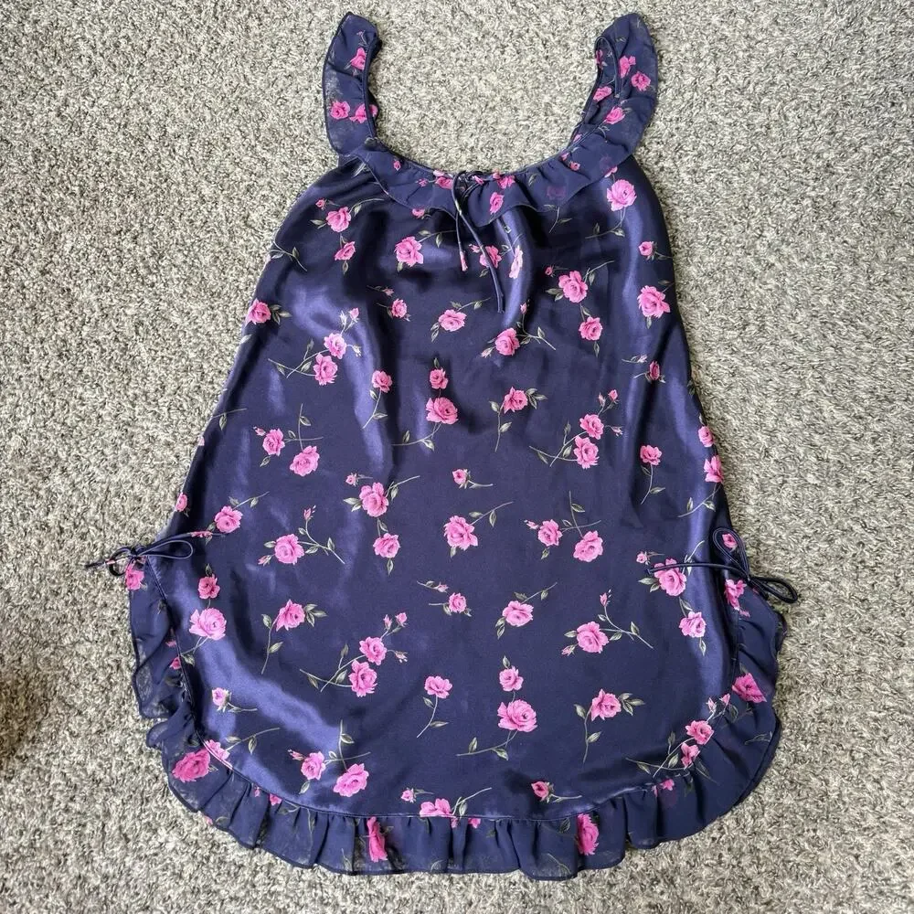 VTG Cinema Etoile Blue Pink Floral Satin Babydoll Lingerie Slip Dress Y2K 90s M